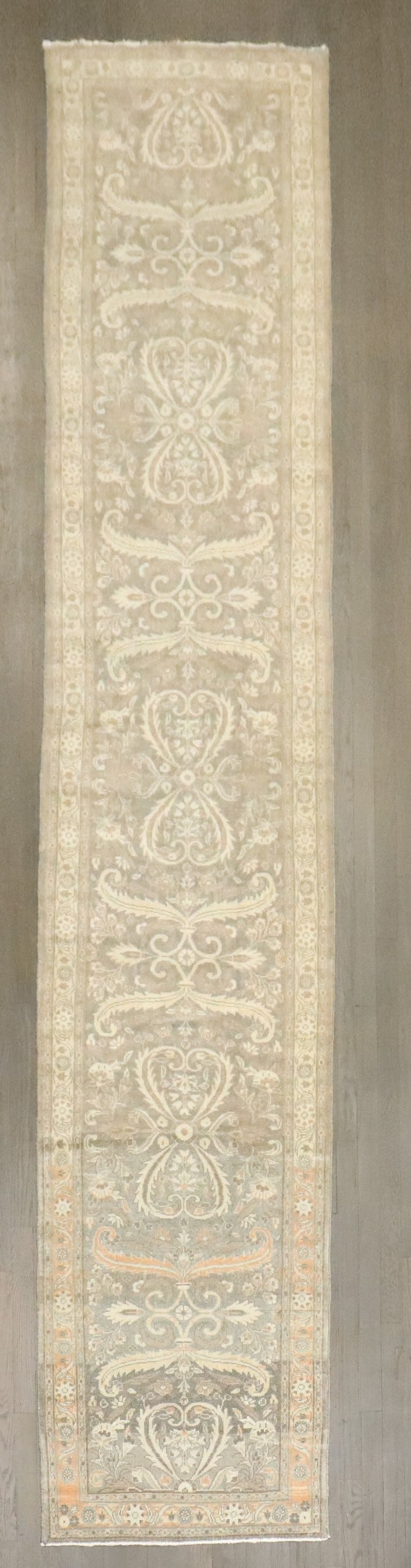 2' 6" x 13' 3" Persian Kashan Rug Runner: 2' 6" x 13' 3" Persian Kashan Rug Runner Vintage Persian Kashan runner in a neutral color palette, dating to the 3rd quarter of the 20th century. This pre-owned rug is identified as a Kashan runner. S
