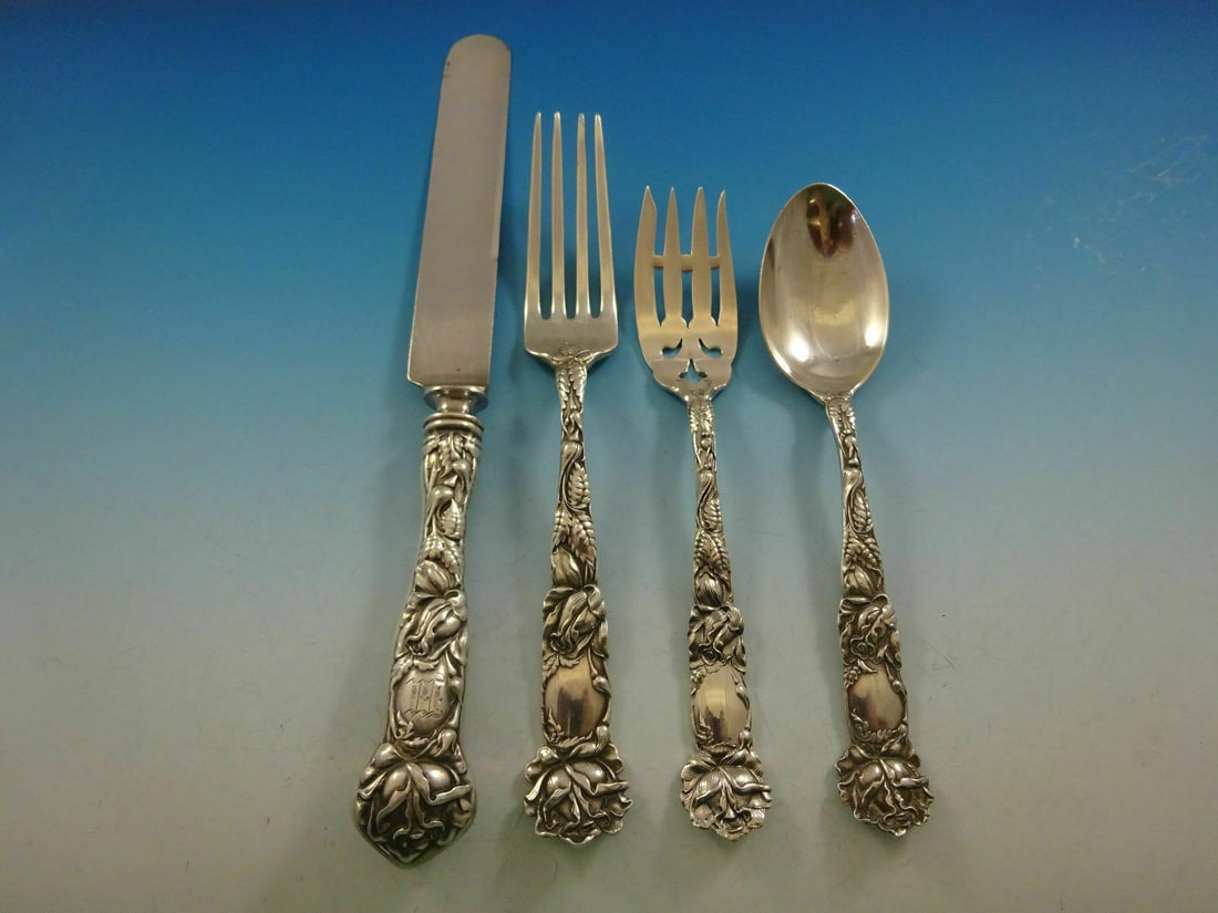 Alvin Bridal Rose Sterling Silver 4-Piece Place Setting: Alvin Bridal Rose Sterling Silver 4-Piece Place Setting Presenting the exquisite Bridal Rose flatware set by Alvin, crafted from high-quality sterling silver. This beautiful 4-piece regular size place