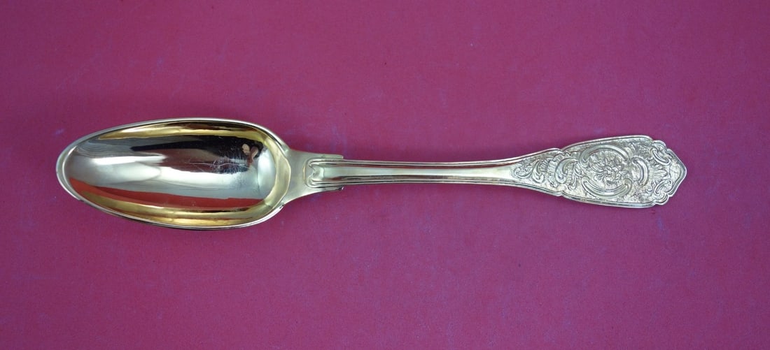 8 German Sterling Dinner Spoon Vermeil Flowers: 8 German Sterling Dinner Spoon Vermeil Flowers This German sterling dinner spoon features a vermeil finish and an intricate hand-chased floral design. Crafted by various makers, it includes Dresden cr