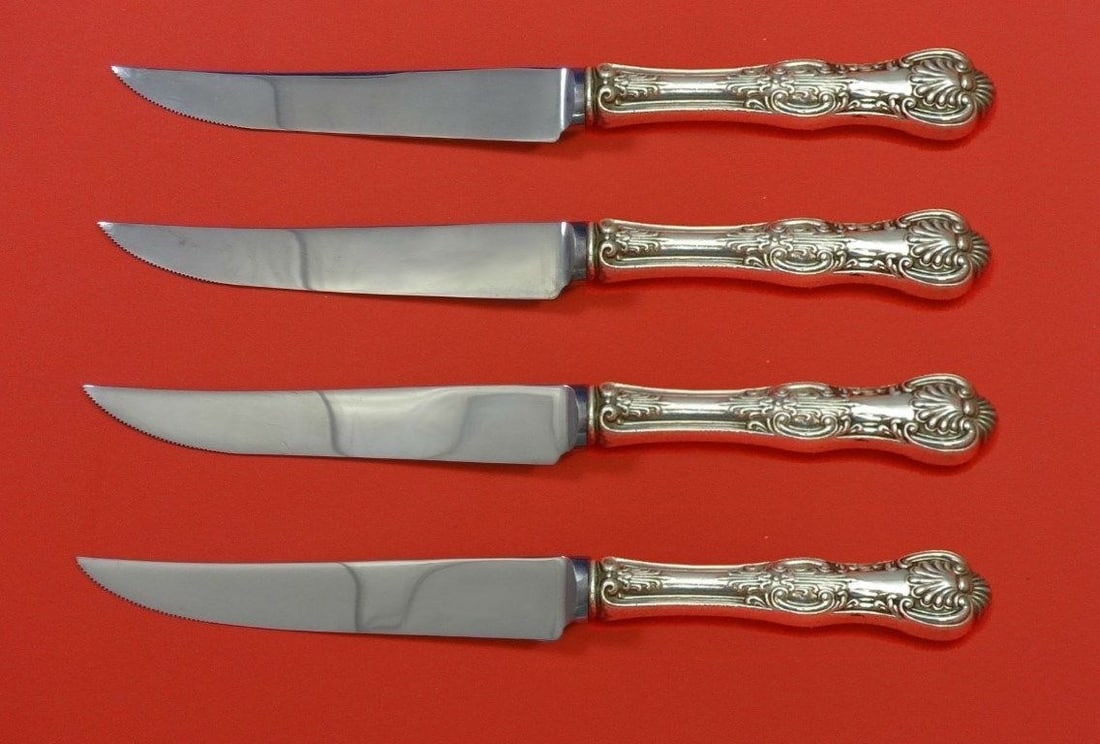 4 Piece Wallace Kings Sterling Silver Steak Knives HHWS 8 1/2 Custom Made: 4 Piece Wallace Kings Sterling Silver Steak Knives HHWS 8 1/2 Custom Made This 4-piece steak knife set is in the Kings pattern by Wallace. Each knife features a sterling silver hollow handle with a st