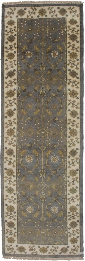 Handmade Oushak Wool Runner Rug Floral 2'6 x 7'10: Handmade Oushak Wool Runner Rug Floral 2'6 x 7'10 This handmade Oushak Chobi Oriental runner rug features a floral design with muted tones of gray, cream, and khaki. Crafted from hand-knotted wool, th