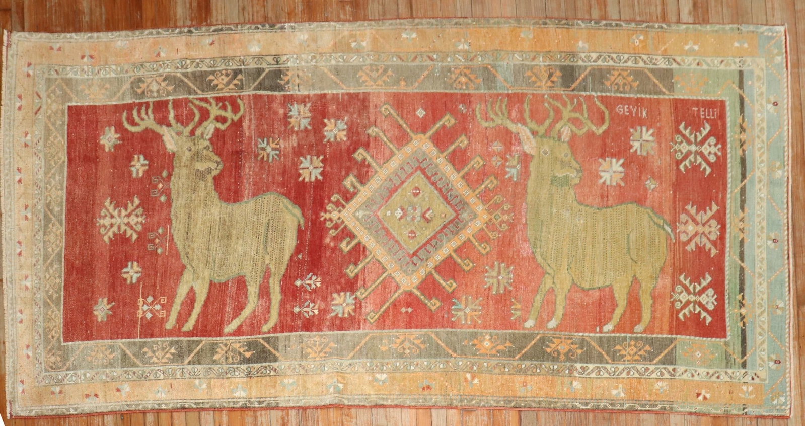4' 10" x 10' 5" Vintage Turkish Pictorial Rug with Two Deer (1 of 7)