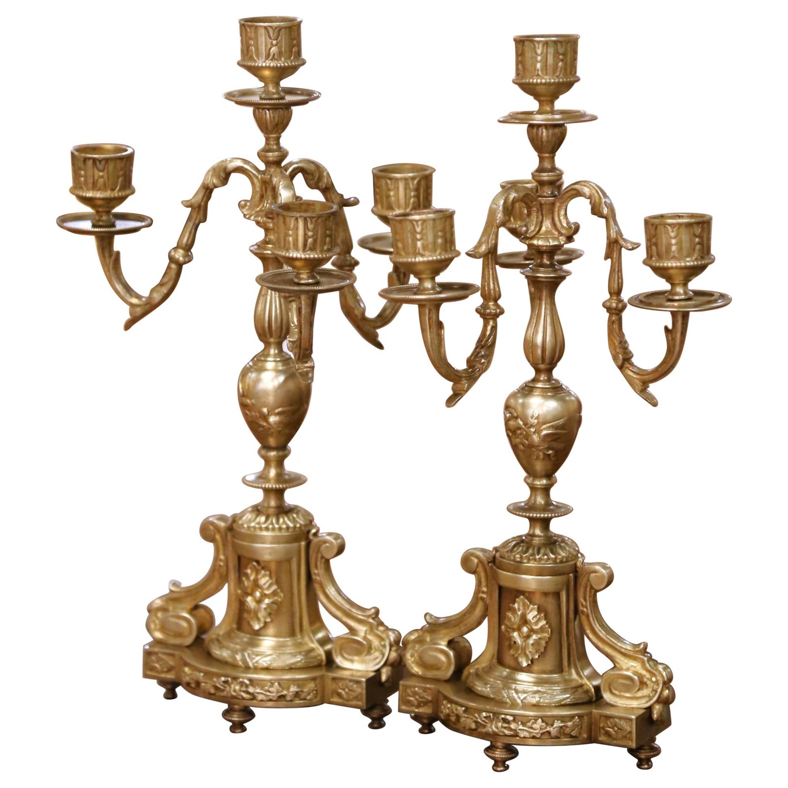 Set of 2 French Bronze Louis XVI Four-Light Candelabra circa 1880: Set of 2 French Bronze Louis XVI Four-Light Candelabra circa 1880 This elegant pair of late 19th-century French candelabras, crafted circa 1880, showcases the refined Louis XVI style. Each four-light 
