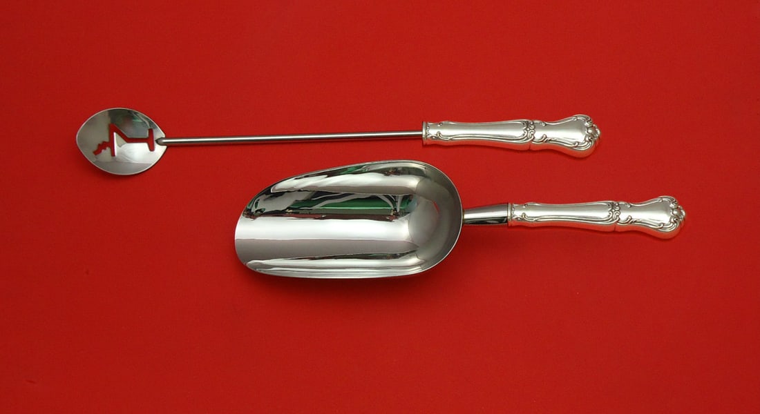 2 Piece Sterling Bar Set Gorham Buckingham Martini Spoon Ice Scoop: 2 Piece Sterling Bar Set Gorham Buckingham Martini Spoon Ice Scoop A Buckingham by Gorham two-piece bar set in sterling silver with hollow handles and stainless implements. The set includes a martini 