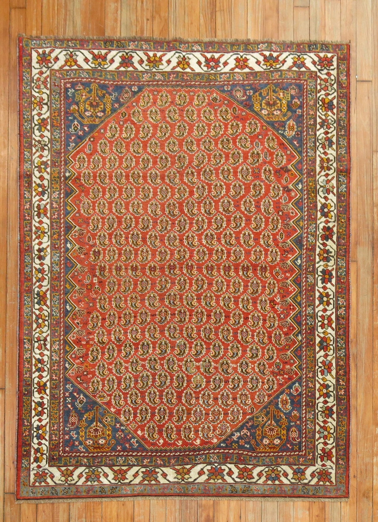 4' x 5' 1" Persian Ghashghai accent rug circa 1910: 4' x 5' 1" Persian Ghashghai accent rug circa 1910 Antique Ghashghai Persian rug featuring a boteh design on a red ground, dating to circa 1910. This pre-owned accent rug presents a classic square for