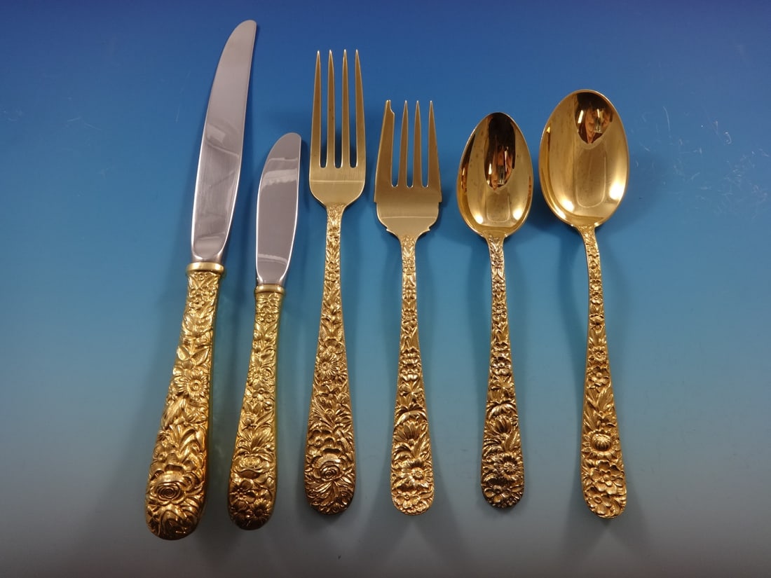 25 Piece Vermeil Sterling Flatware Service for 4 Kirk Repousse: 25 Piece Vermeil Sterling Flatware Service for 4 Kirk Repousse Repousse by Kirk sterling silver flatware set for 4 in the Vermeil finish. The Repousse pattern, first crafted in 1828, features an intri