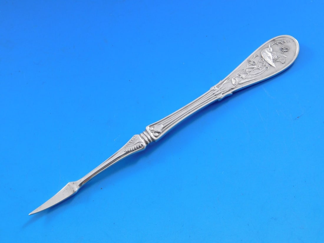 Tiffany & Co Japanese Sterling Silver Nut Pick 4 7/8 Inch Monogrammed: Tiffany & Co Japanese Sterling Silver Nut Pick 4 7/8 Inch Monogrammed This exquisite nut pick from Tiffany & Co. features the elegant Japanese pattern and is crafted from high-quality sterling silver.