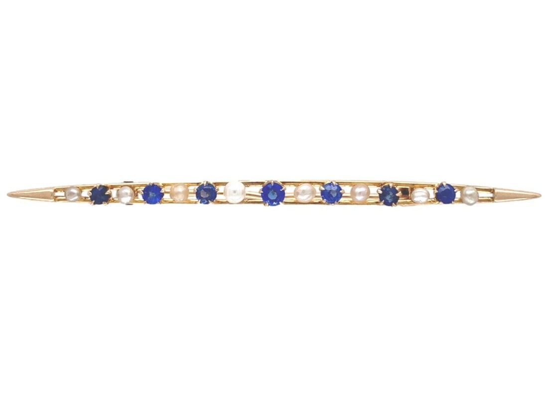 Antique 10k Yellow Gold Blue Glass Doublets Pearl Bar Pin (1 of 6)