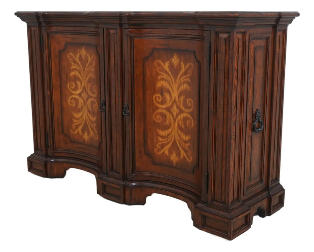 Continental Style Oak Credenza With Inlay And Distressed Finish: Continental Style Oak Credenza With Inlay And Distressed Finish This Theodore Alexander credenza features inlaid oak construction with a factory-distressed finish, crafted in a Continental style. Desi