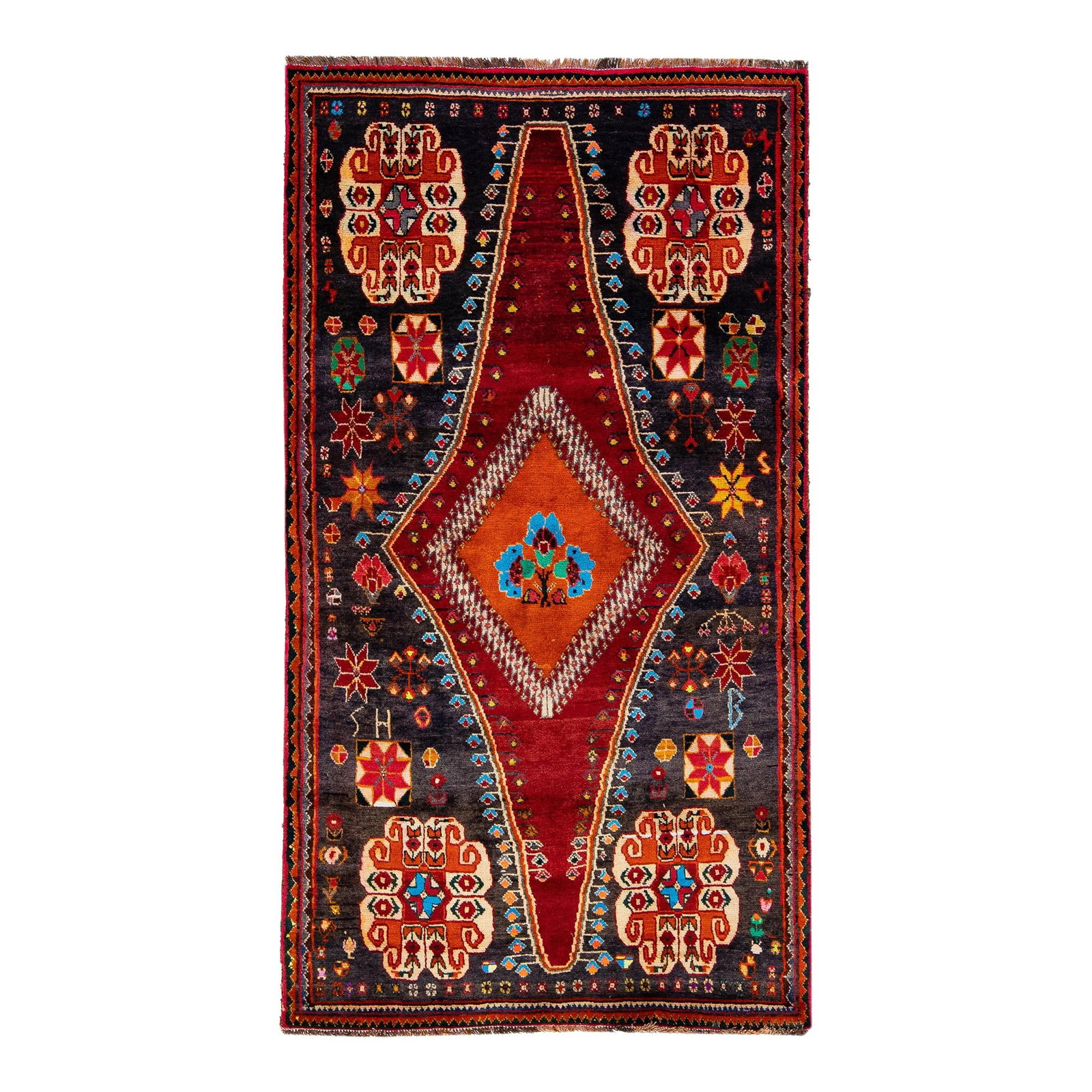 Vintage 1960s Persian Shiraz Hand-Knotted Red Wool Rug 3'9 x 7'1: Vintage 1960s Persian Shiraz Hand-Knotted Red Wool Rug 3'9 x 7'1 Discover the charm of this vintage Persian Shiraz hand-knotted wool rug, featuring a striking red color field adorned with multicolor a