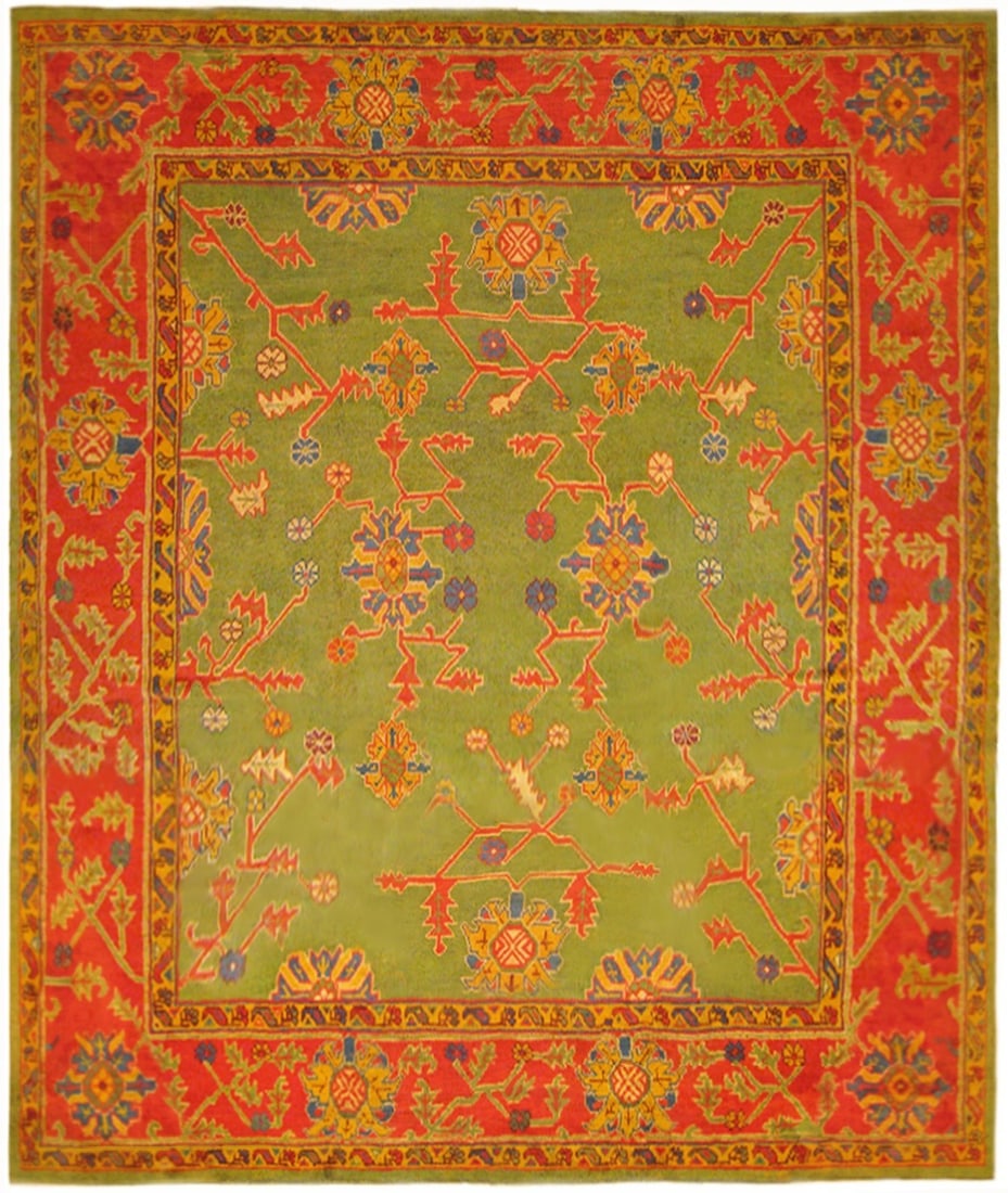 12' x 12' 6" Square Turkish Oushak Rug with Bright Green Field: 12' x 12' 6" Square Turkish Oushak Rug with Bright Green Field Early 20th century Turkish Oushak rug with a bright green field and square format. This pre-owned antique rug reflects the classic charac