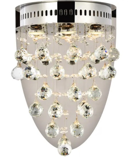 Galaxy Chrome Crystal Wall Sconce 12 x 17 3 Light: Galaxy Chrome Crystal Wall Sconce 12 x 17 3 Light Modern wall sconce with a chrome finish and Royal Cut crystal accents. It is designed for indoor use and features a wall-mounted, LED dimmable style w