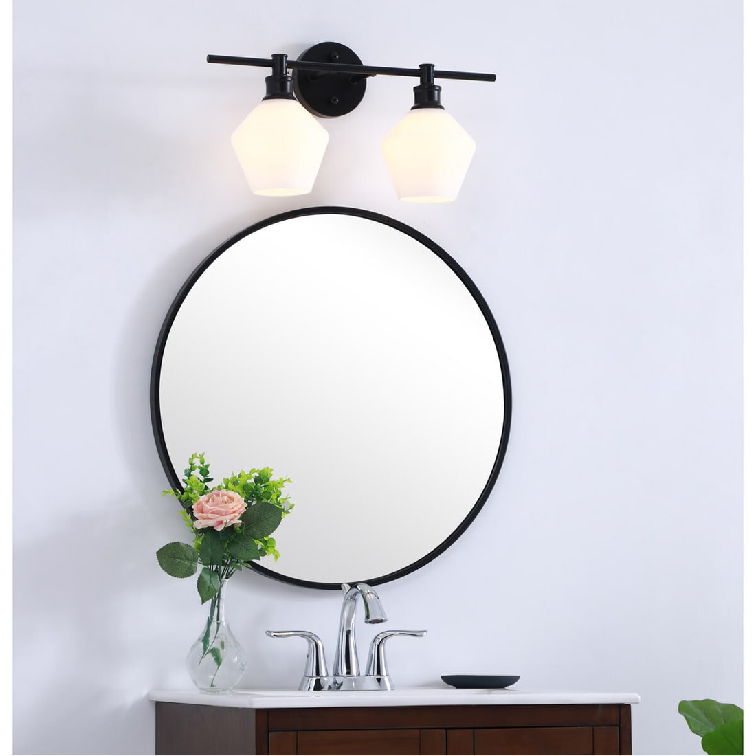 Gene 2-Light Black Metal Wall Sconce with Frosted Glass Shade: Gene 2-Light Black Metal Wall Sconce with Frosted Glass Shade This modern wall sconce features a sleek black metal frame paired with frosted white glass shades, offering a stylish lighting solution fo