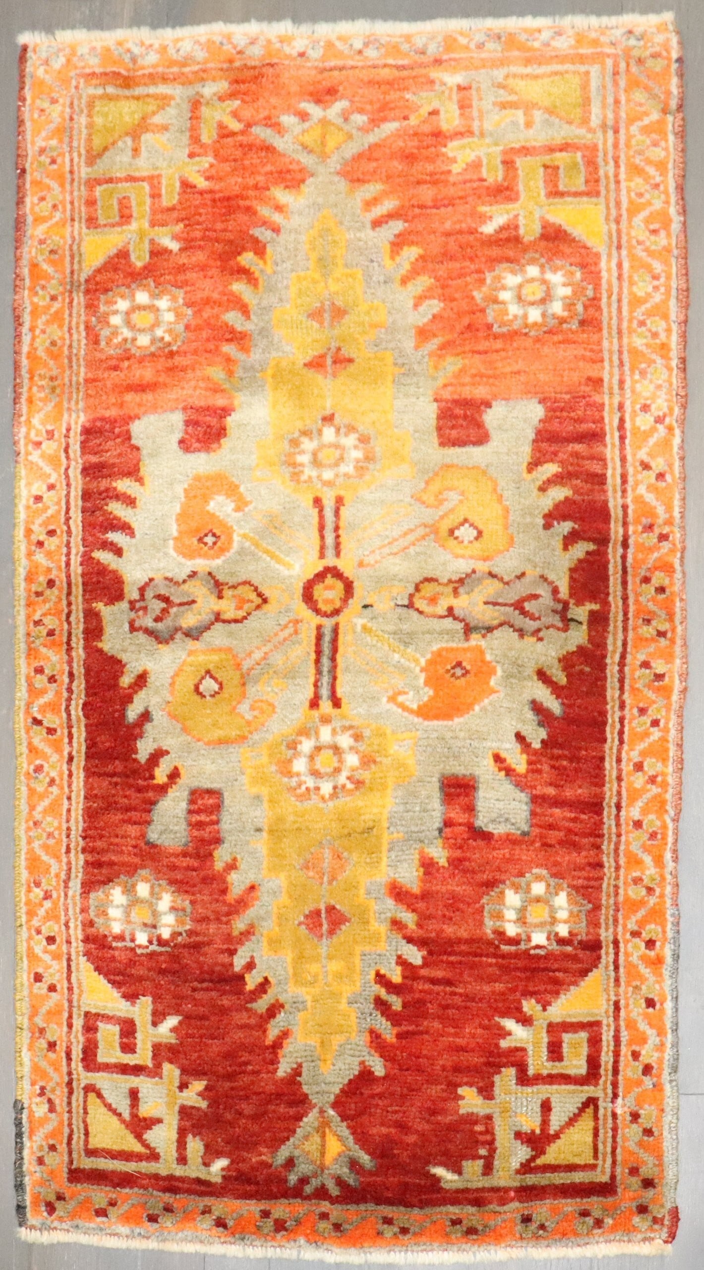1' 11" x 3' 5" Turkish Sivas Yastik Rug: 1' 11" x 3' 5" Turkish Sivas Yastik Rug Early 20th century Turkish Sivas yastik rug with a colorful design. This pre-owned small rug is identified as a Sivas type and retains the character of its anti