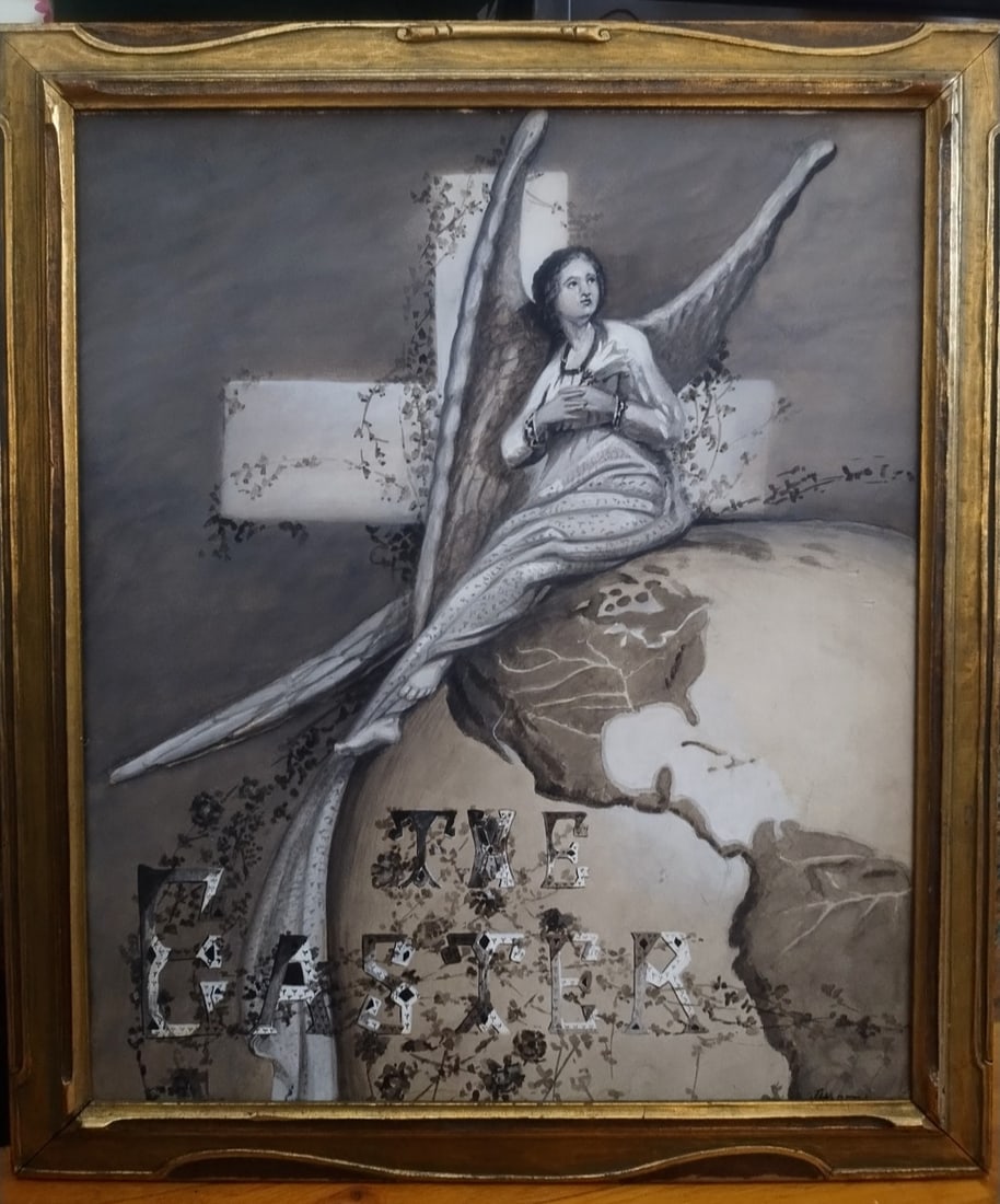 Signed Grisaille Watercolor Painting The Easter Angel on Globe: Signed Grisaille Watercolor Painting The Easter Angel on Globe Signed original painting titled "The Easter," rendered in grisaille and depicting an angel seated atop the world with a Christianity and 