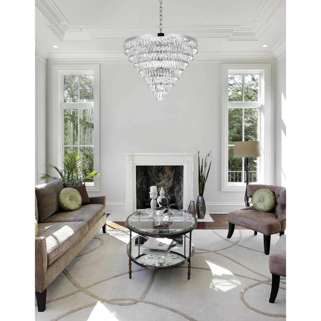 Josephine 36 in Chrome Crystal 29 Light Chandelier: Josephine 36 in Chrome Crystal 29 Light Chandelier Modern 29-light crystal chandelier with a chrome plated finish and clear Royal Cut crystals. It is hardwired, dimmable, and ETL rated, with upward an