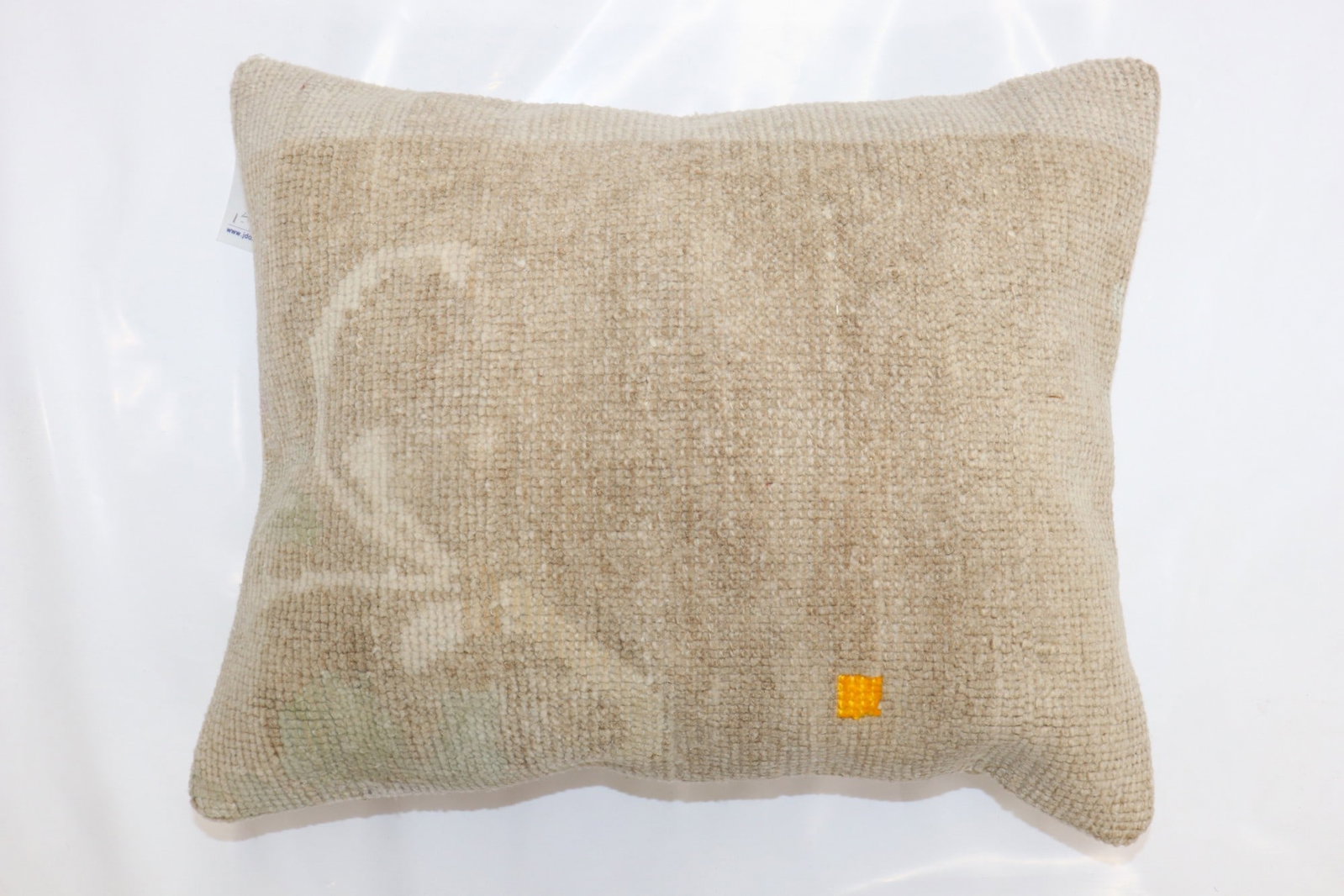 Vintage Turkish Oushak Rug Pillow 1' 4" x 1' 8": Vintage Turkish Oushak Rug Pillow 1' 4" x 1' 8" Decorative pillow made from a vintage Turkish Oushak rug. This pre-owned piece offers a distinctive textile look and rectangular form. Specifications Ty