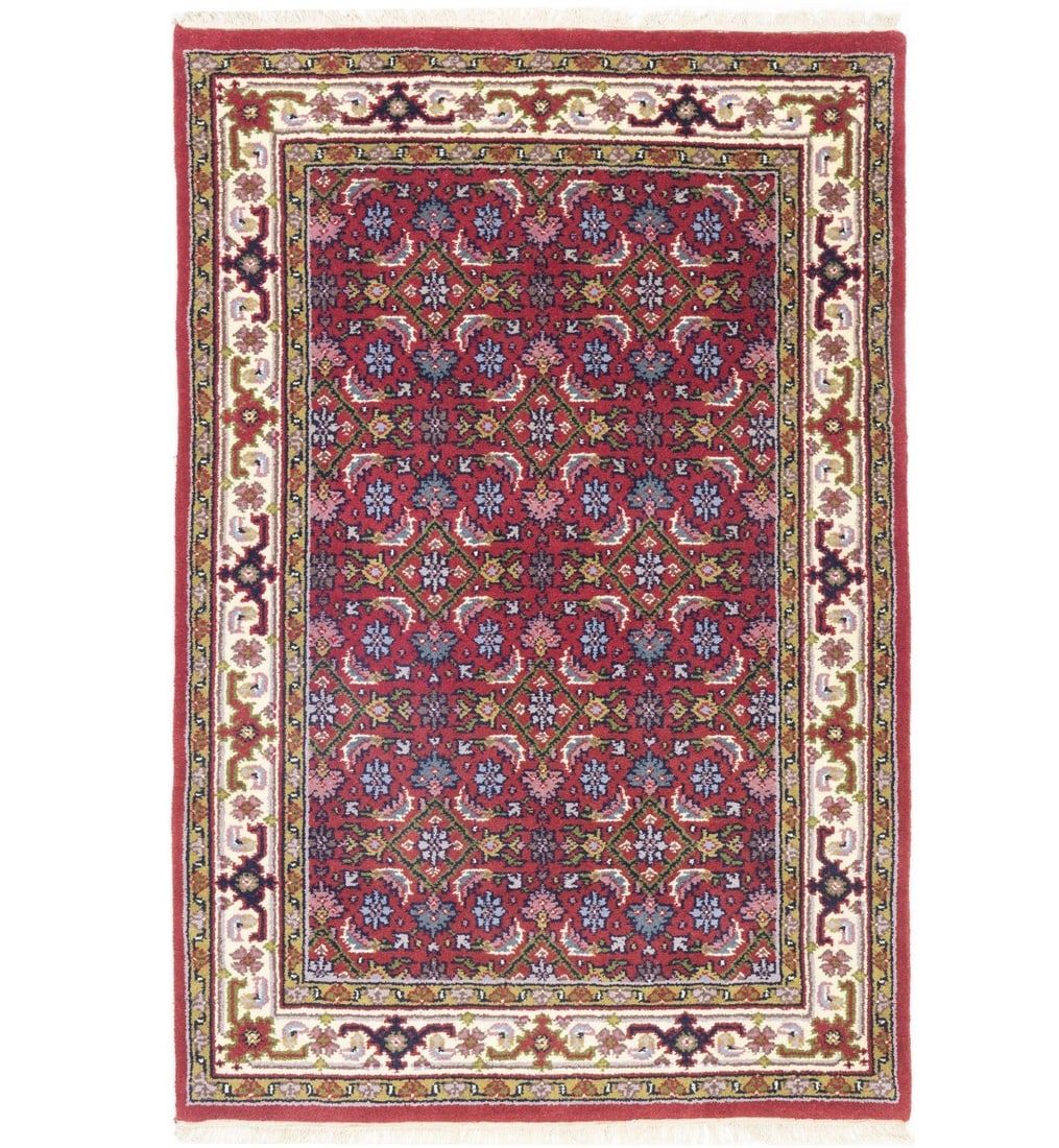 Wool Tribal Floral Area Carpet Indo-Bidjar Hand-Knotted Rug 4'0 x 5'11 India: Wool Tribal Floral Area Carpet Indo-Bidjar Hand-Knotted Rug 4'0 x 5'11 India This hand-knotted Indo-Bidjar rug features a vibrant red floral tribal pattern, crafted from wool for durability and softne