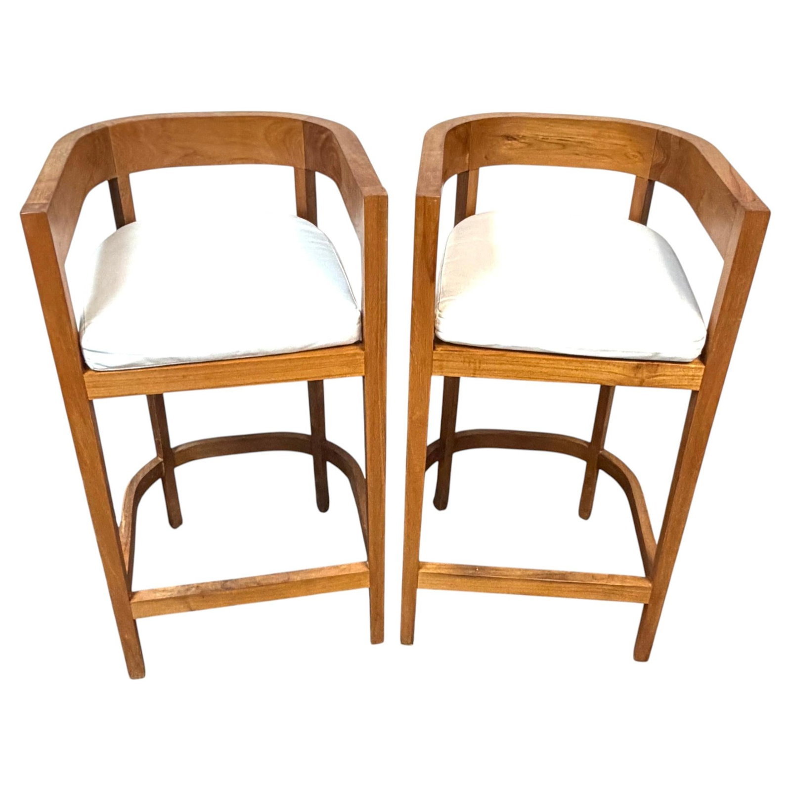 Set of 2 attributed Palecek teak bar stools with cushions (1 of 14)