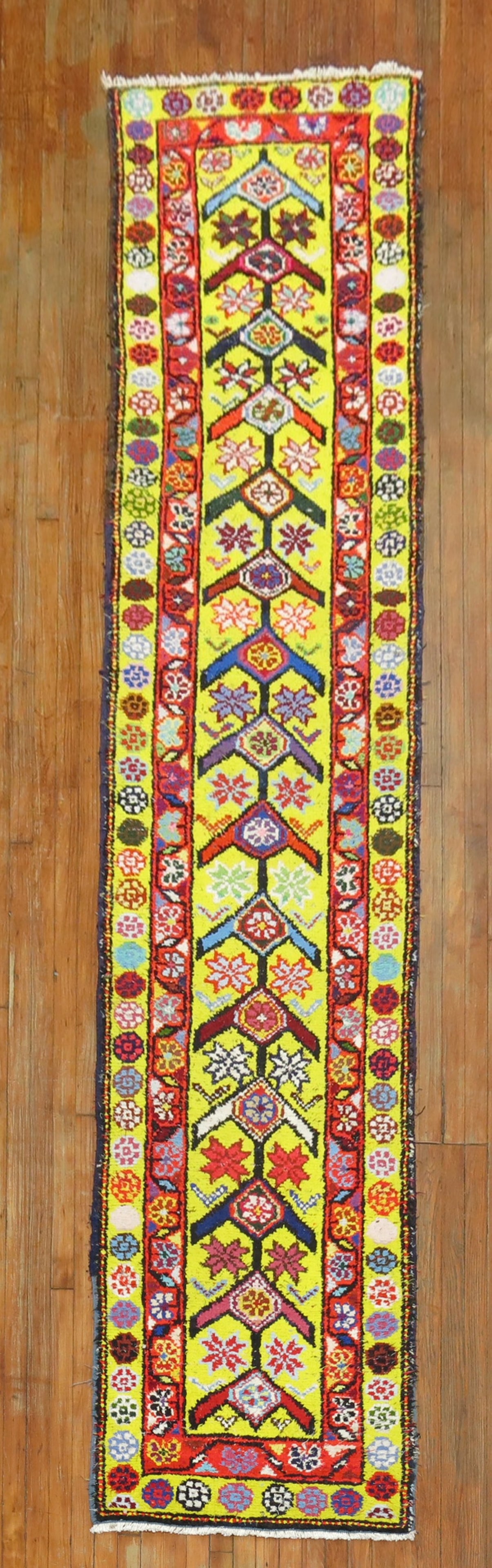 2' 8" x 12' 2" Anatolian Turkish Runner Rug in Yellow: 2' 8" x 12' 2" Anatolian Turkish Runner Rug in Yellow Bright yellow Turkish runner from the middle of the 20th century. This pre-owned Anatolian runner features a long, narrow format with a vibrant ye