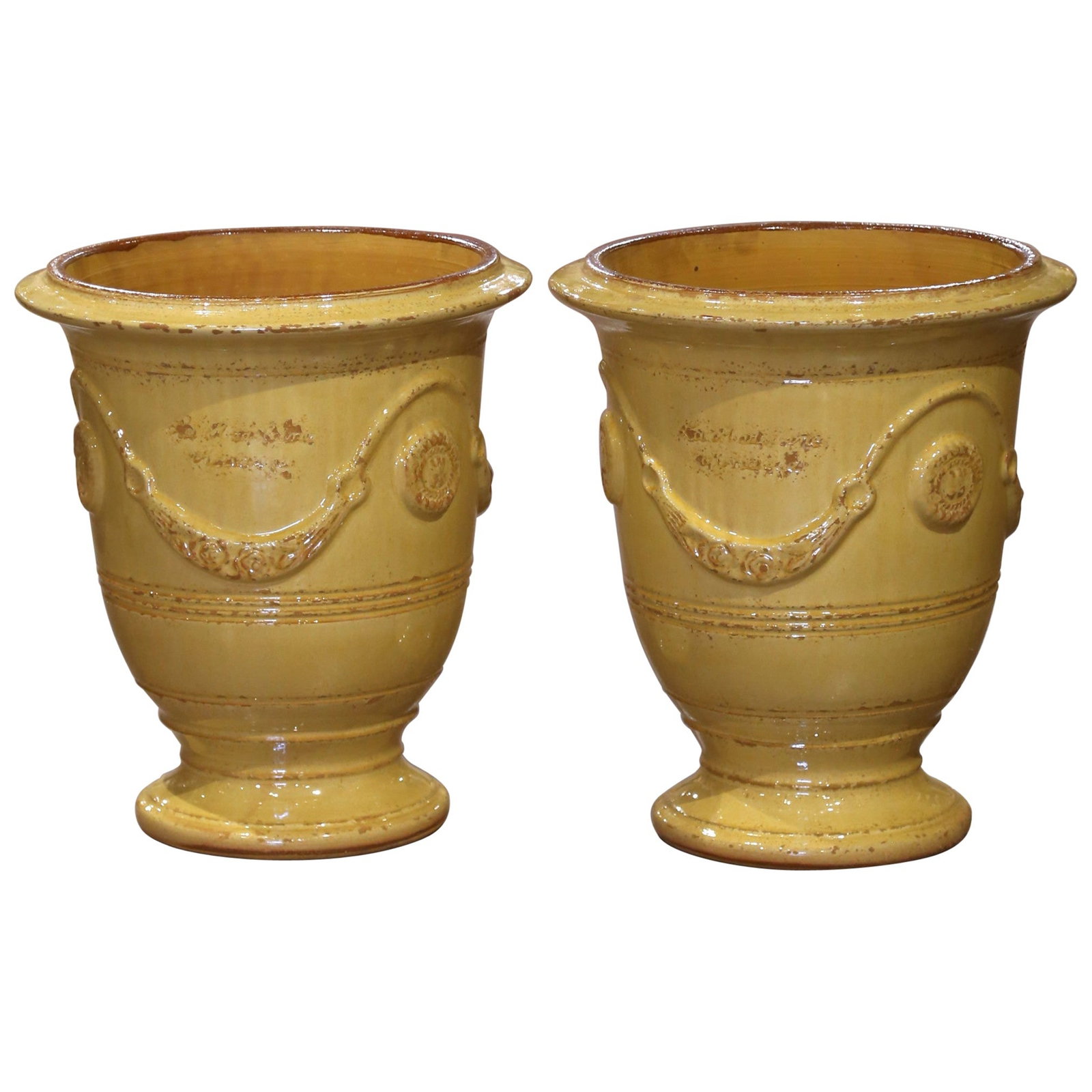 Set of 2 La Madeleine Handmade Yellow Glazed Terracotta Anduze Planters: Set of 2 La Madeleine Handmade Yellow Glazed Terracotta Anduze Planters Enhance your garden or interior with this exquisite pair of French handmade Anduze planters. Crafted in southern France around 2