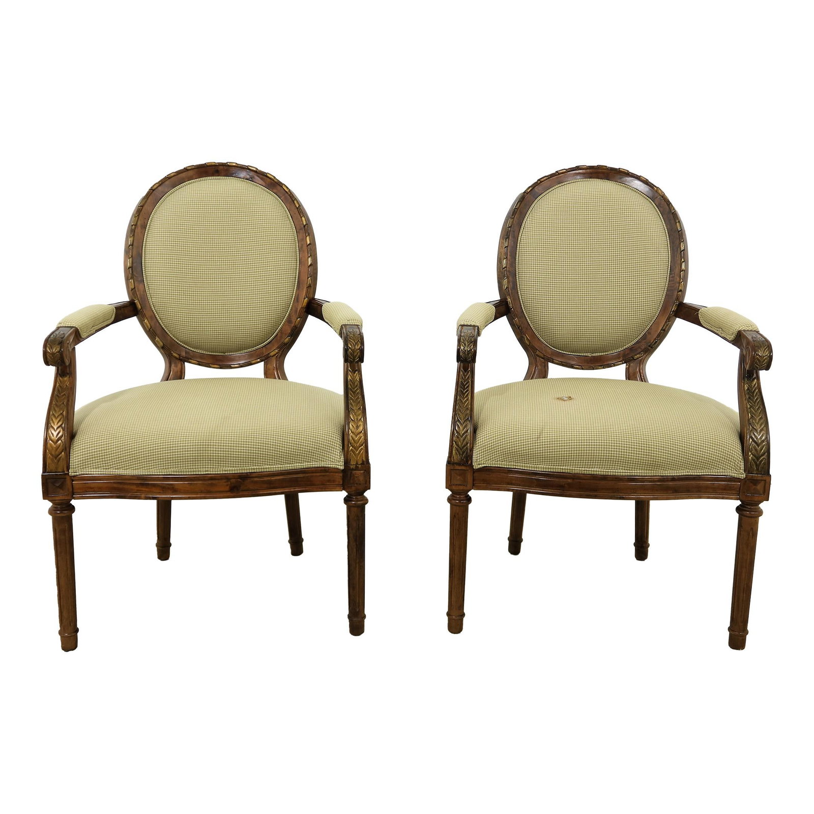 Elegant Pair of French Louis XV Style Open Armchairs Walnut Gold Accents: Elegant Pair of French Louis XV Style Open Armchairs Walnut Gold Accents This exquisite pair of French Louis XV Style Palace Open Armchairs is a stunning addition to any decor. Crafted approximately 1