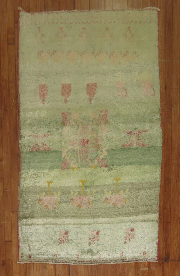 3' 8" x 6' 2" Turkish Tulu Accent Rug in Green and Pink: 3' 8" x 6' 2" Turkish Tulu Accent Rug in Green and Pink Mid 20th century Turkish Tulu shag pile rug in green and pink tones. This pre-owned accent rug features the distinctive textured look of Tulu we