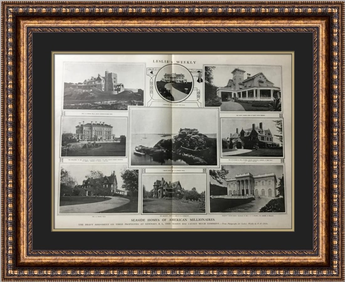 Framed Leslie's Weekly Newport Millionaires Homes Print: Framed Leslie's Weekly Newport Millionaires Homes Print This framed newsprint from the early 1900s features "Seaside Homes of American Millionaires," originally published in Leslie's Weekly. The piece