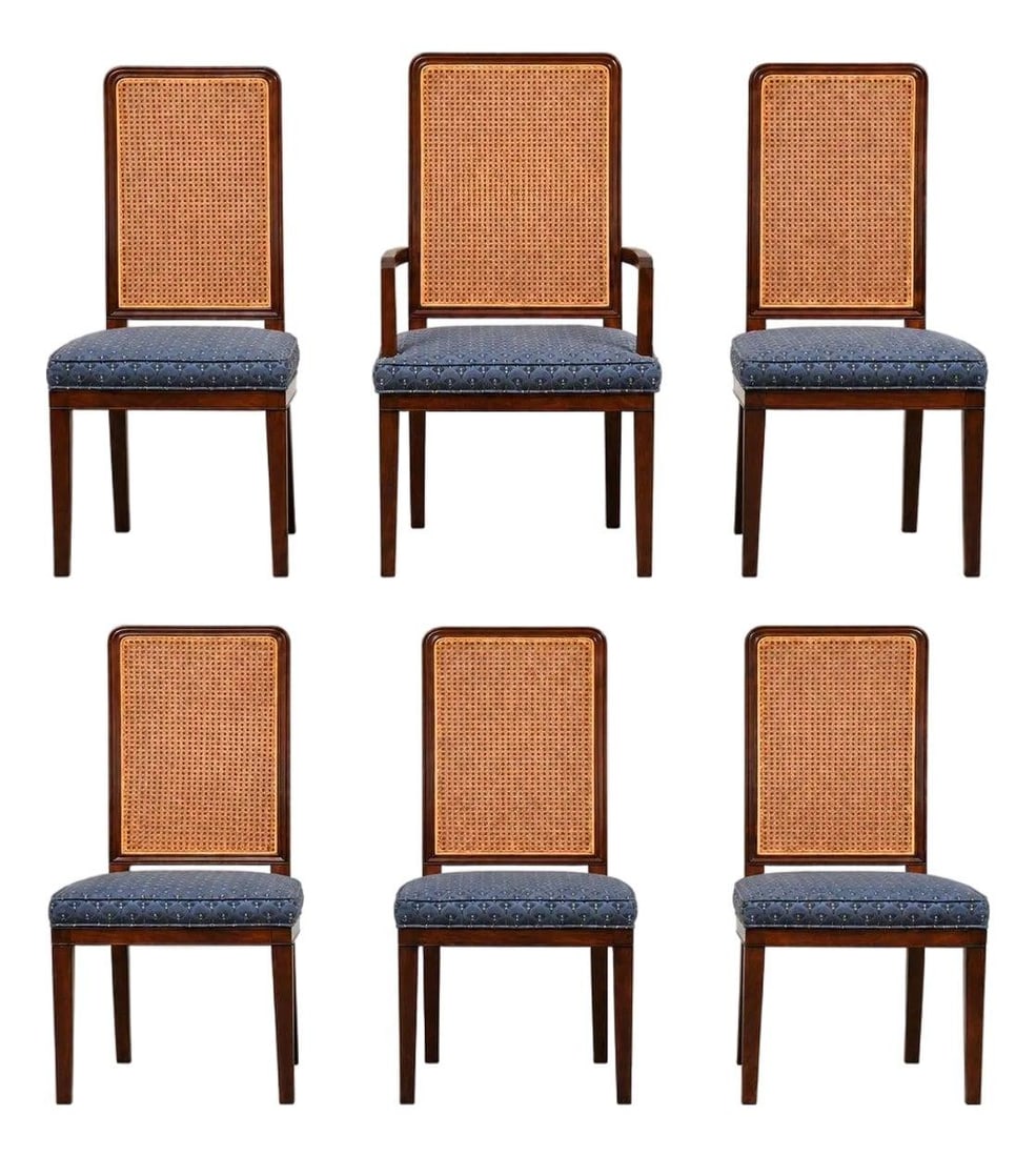 Set of 6 Modern Mahogany Dining Chairs with Cane Backs: Set of 6 Modern Mahogany Dining Chairs with Cane Backs Set of six modern dining chairs crafted from solid mahogany with cane backs. The chairs retain their original blue fabric upholstery, and both th