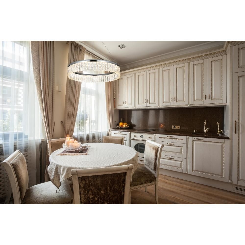 Rune Chrome LED Chandelier 24 Inch Adjustable Height: Rune Chrome LED Chandelier 24 Inch Adjustable Height Elevate your home with this modern 24-inch chandelier, designed to add a touch of sophistication to any space. Featuring a striking single-ring des