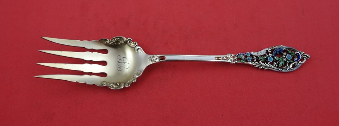 Dominick & Haff Trianon Sterling Salad Serving Fork with Enamel 9": Dominick & Haff Trianon Sterling Salad Serving Fork with Enamel 9" This exquisite salad serving fork is a stunning piece from the Trianon Pierced pattern by Dominick & Haff, crafted from sterling silv