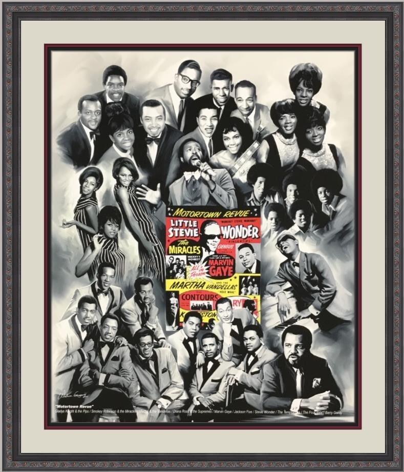 Wishum Gregory Motortown Revue Musicians Custom Framed Giclee Print: Wishum Gregory Motortown Revue Musicians Custom Framed Giclee Print This striking custom framed print titled "Motortown Revue Musicians" by artist Wishum Gregory features legendary artists including S