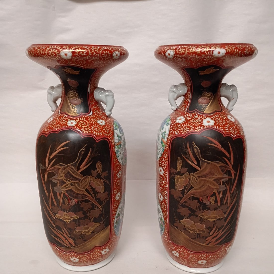 Antique Japanese lacquered porcelain vase pair 12.5in elephant handles (1 of 13)
