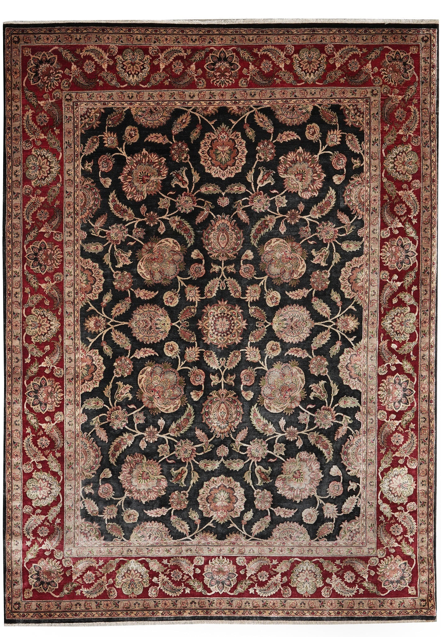 9 x 12 Hand Knotted Jaipur Rug Dense Lustrous Wool Black Burgundy: 9 x 12 Hand Knotted Jaipur Rug Dense Lustrous Wool Black Burgundy Free continental US Shipping This 9 x 12 Jaipur rug is hand-knotted from dense lustrous wool and features a bold black background with