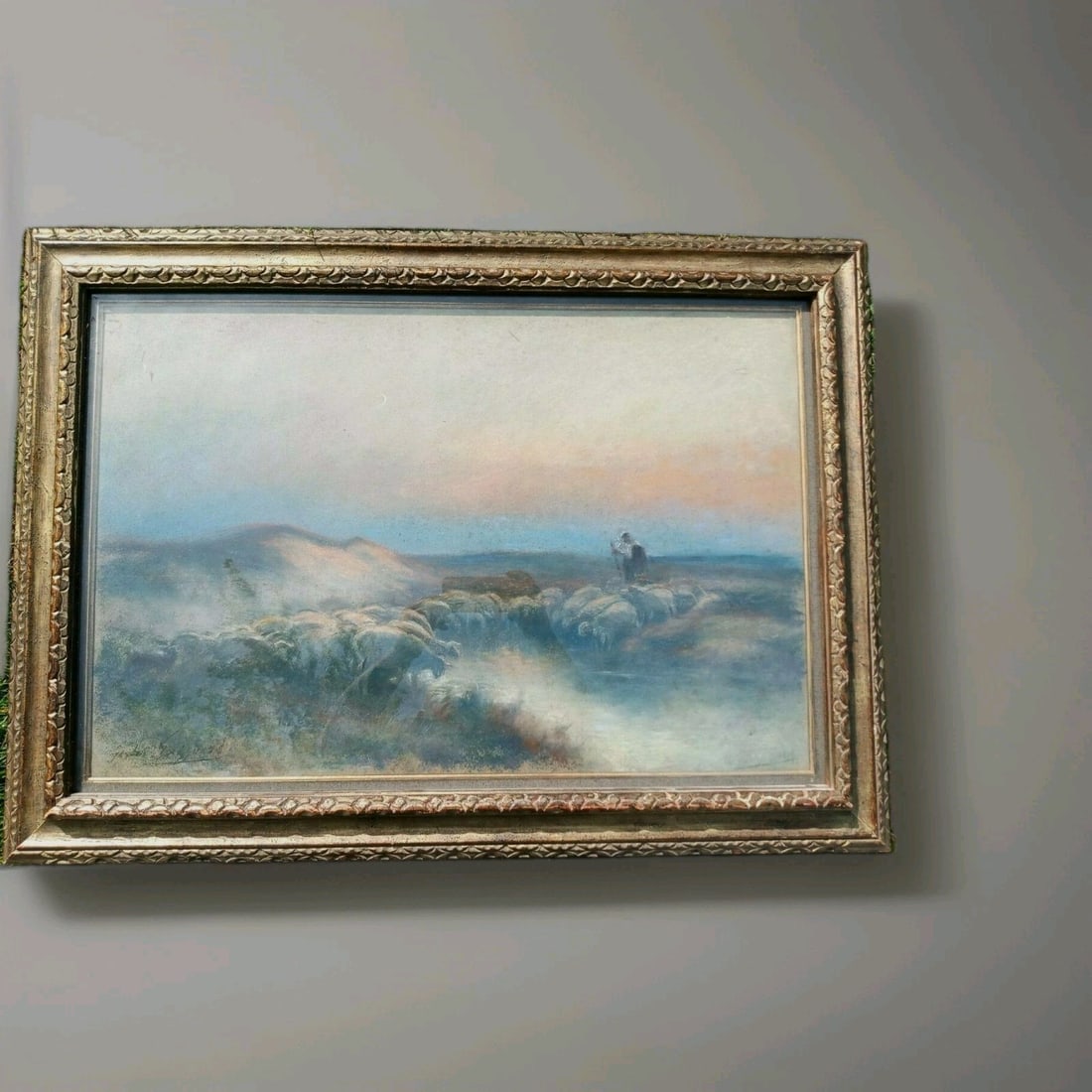 Framed pastel painting of sheep herder by A G Guignard exhibition label (1 of 11)