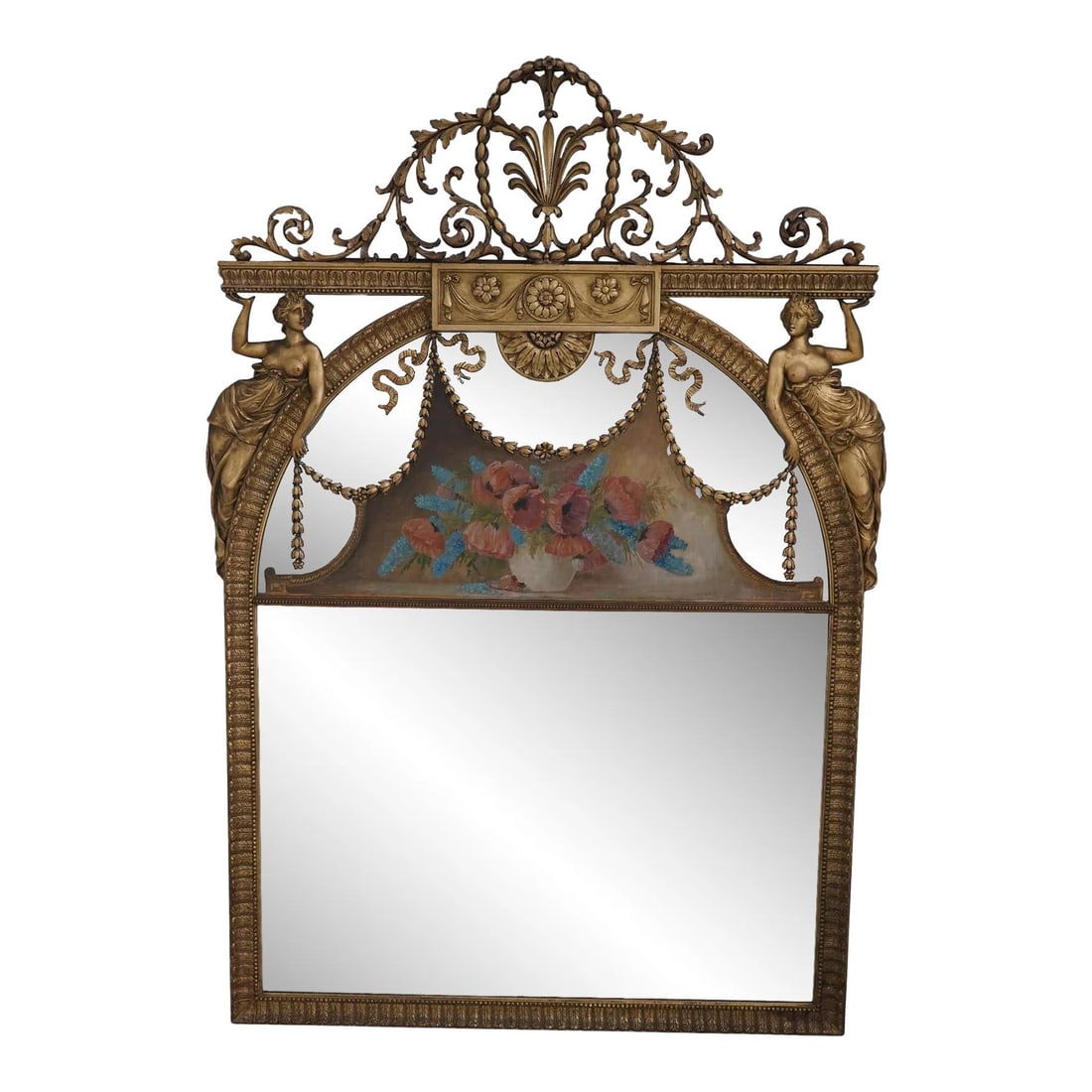 1920s Vintage French Figural Gold Gilt Mirror Hand Painted 45 x 64: 1920s Vintage French Figural Gold Gilt Mirror Hand Painted 45 x 64 This stunning vintage French style figural mirror, dating back to the 1920s, showcases high-quality construction and an impressive pr