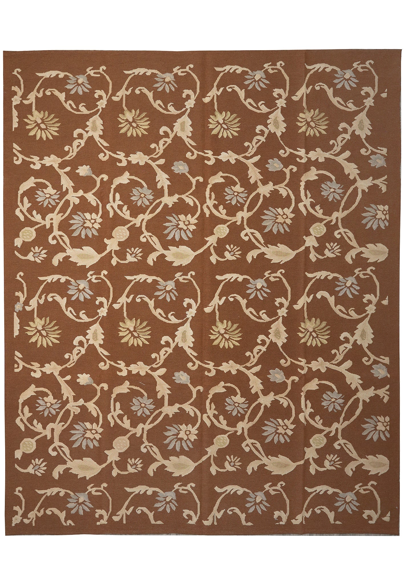 Handmade Flat Weave Lauren French Area Rug 10 x 11.9: Handmade Flat Weave Lauren French Area Rug 10 x 11.9 Free continental US Shipping This handmade flat weave Lauren rug features an intricate floral pattern in cream and gold tones set against a rich or