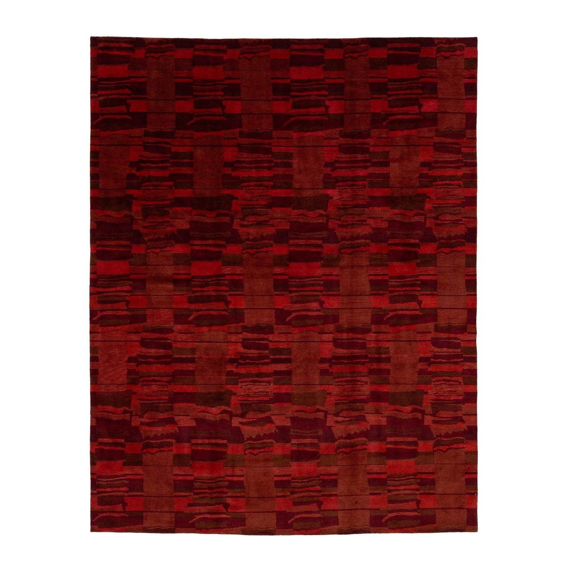 Contemporary Tibetan Wool Rug 10' x 12'10' Red Abstract Design: Contemporary Tibetan Wool Rug 10' x 12'10' Red Abstract Design Enhance your living space with this striking Modern Tibetan Wool & Silk Room Size Rug. Featuring a captivating abstract design, this rug 