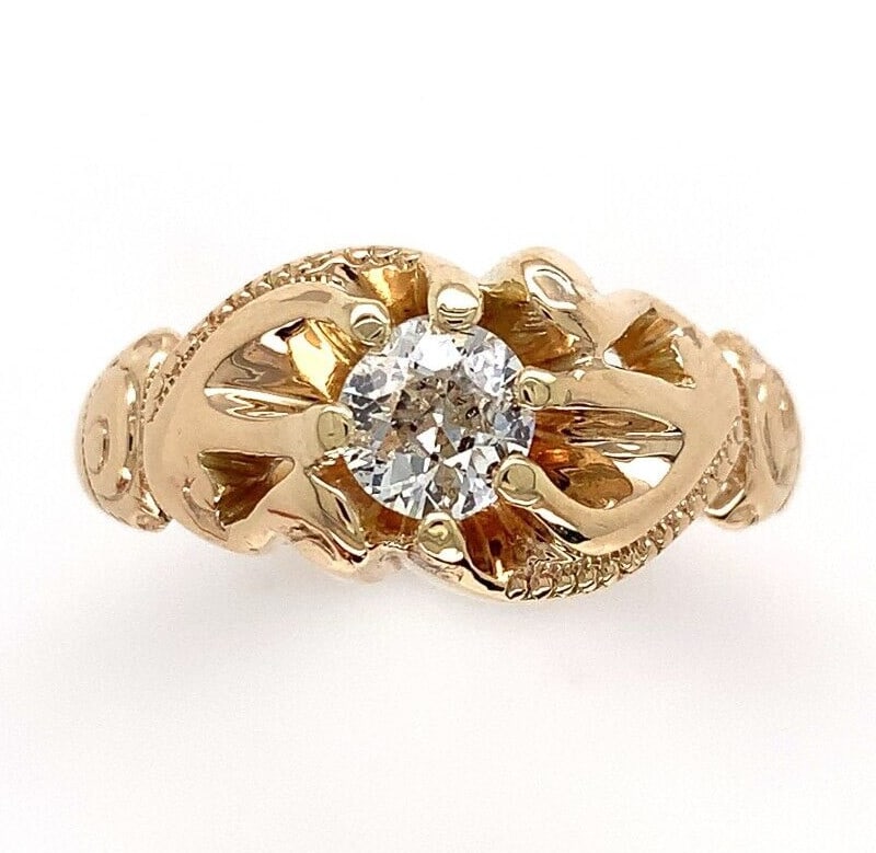14k Gold Victorian Fancy Belcher Ring .50ct Diamond Antique Jewelry: 14k Gold Victorian Fancy Belcher Ring .50ct Diamond Antique Jewelry This exquisite Victorian-era men's ring features a stunning .50ct European cut diamond set in luxurious 14k yellow gold. The diamond