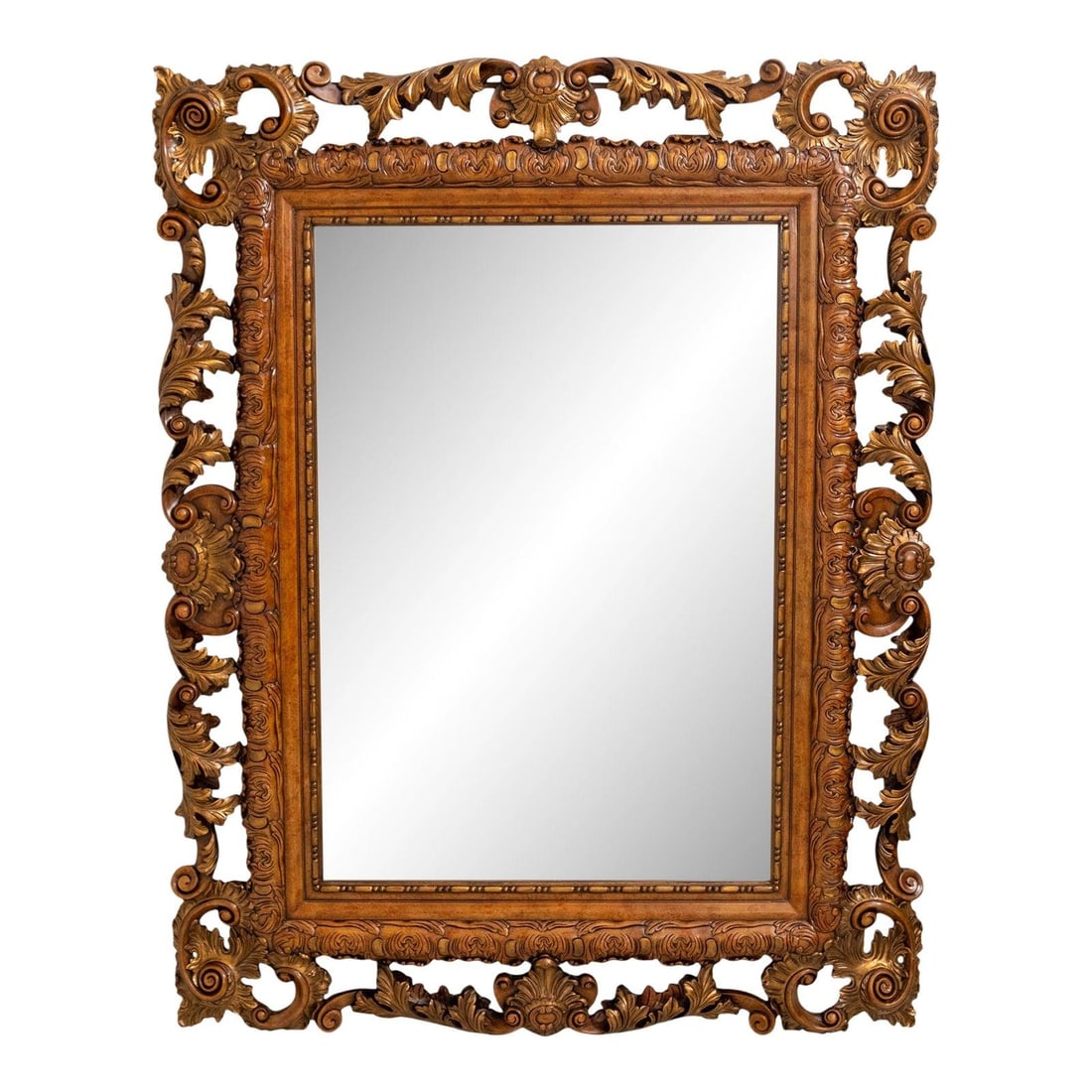 Althorp Collection Ornate Gold Wood Wall Mirror with Beveled Glass 46.5w x 59.5h: Althorp Collection Ornate Gold Wood Wall Mirror with Beveled Glass 46.5w x 59.5h This 19th-century style gilt carved wood hanging mirror from the Althorp Collection features a large, ornate pierced ca