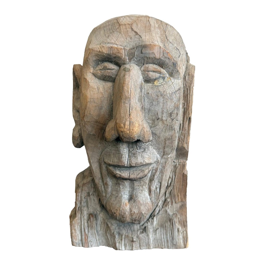 Boho Hand-Carved Wood Bust Primitive Folk Art Sculpture: Boho Hand-Carved Wood Bust Primitive Folk Art Sculpture This striking hand-carved wood bust embodies a unique blend of outsider and folk art sculpture. Crafted from a single piece of weathered wood, i