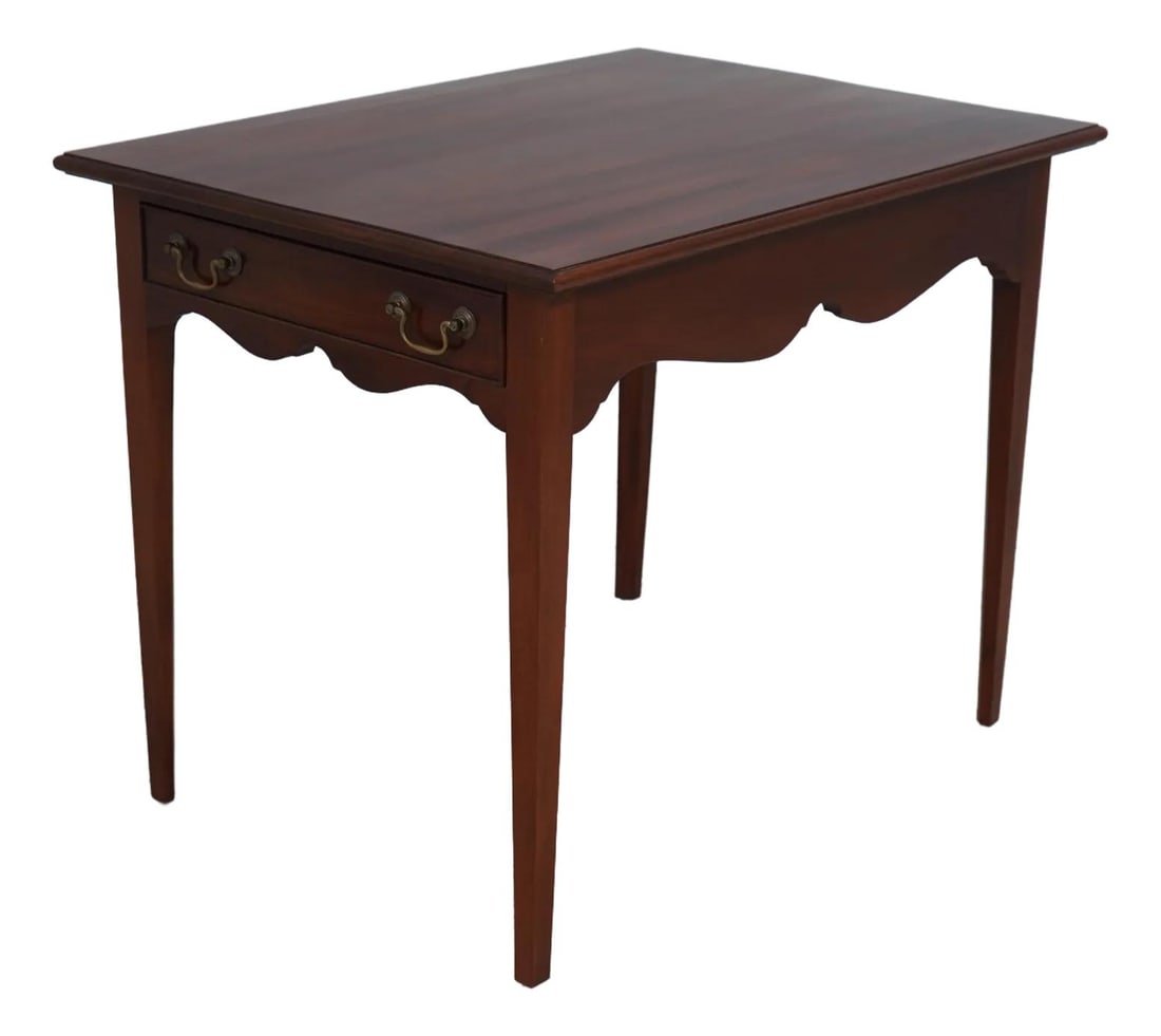 Handcrafted Mahogany End Table with Dovetailed Drawer: Handcrafted Mahogany End Table with Dovetailed Drawer This exquisite end table showcases a traditional design with a hand-crafted mahogany construction. Approximately 40 years old, it features a hand 