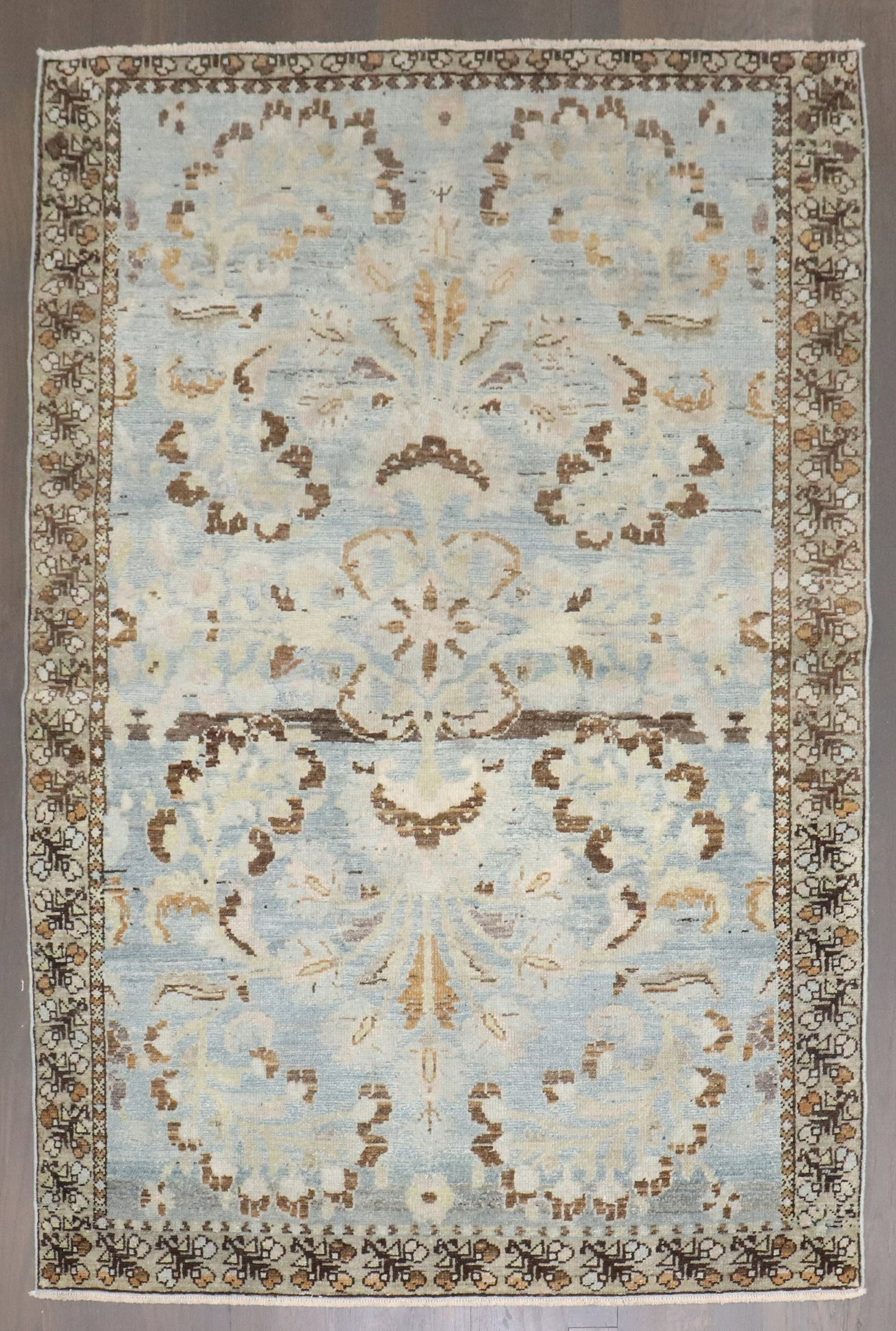 3' 3" x 4' 7" Persian Malayer Lilihan Rug Light Blue Field: 3' 3" x 4' 7" Persian Malayer Lilihan Rug Light Blue Field Early 20th century Persian Malayer rug with a light blue field in a formal Lilihan design. This pre-owned small rug presents a classic