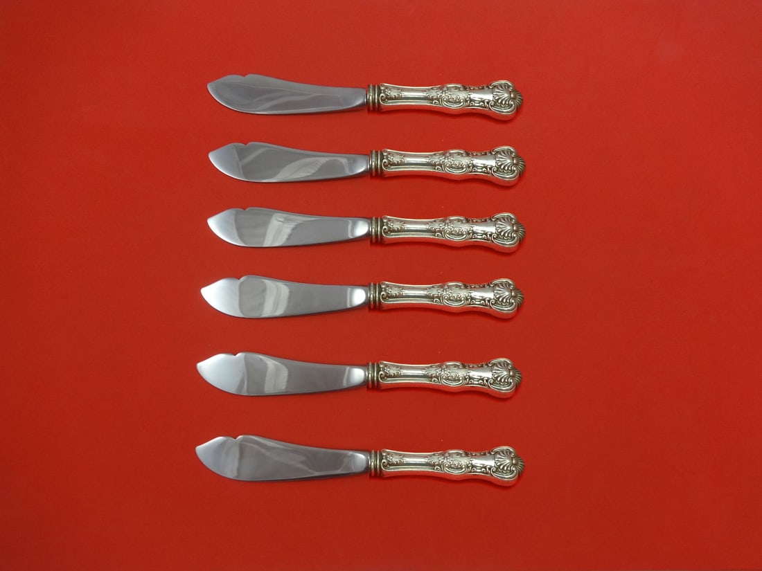Wallace Kings Sterling Silver 6pc Trout Knife Set Custom Made: Wallace Kings Sterling Silver 6pc Trout Knife Set Custom Made This exquisite 6-piece trout knife set, crafted by Wallace, features the elegant Kings pattern. Each knife measures 7 1/2" and is made wit