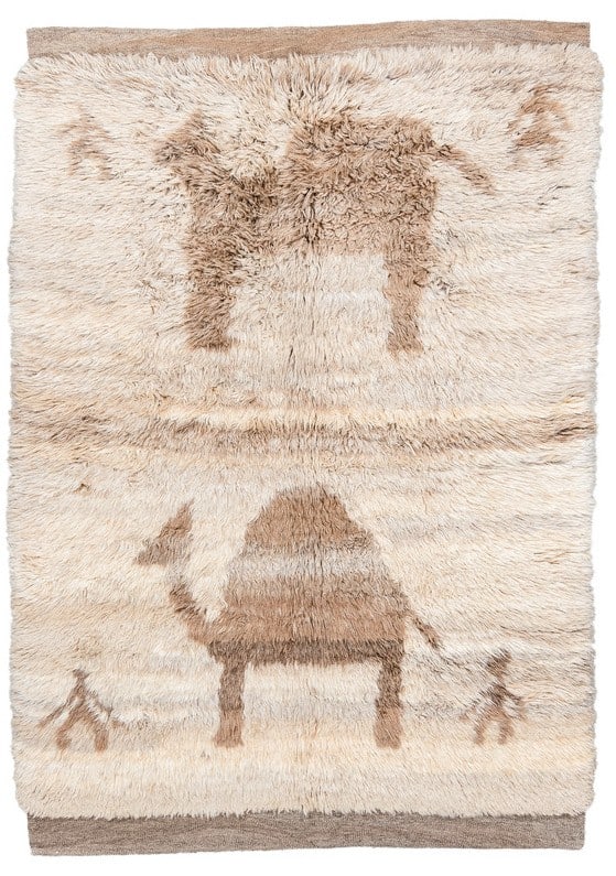 5' 2" x 7' 9" Pictorial Moroccan Rug with 2 Camels: 5' 2" x 7' 9" Pictorial Moroccan Rug with 2 Camels Vintage 20th century Moroccan pictorial rug featuring two large camel motifs on an oatmeal-colored field. This pre-owned rug presents a spacious desi