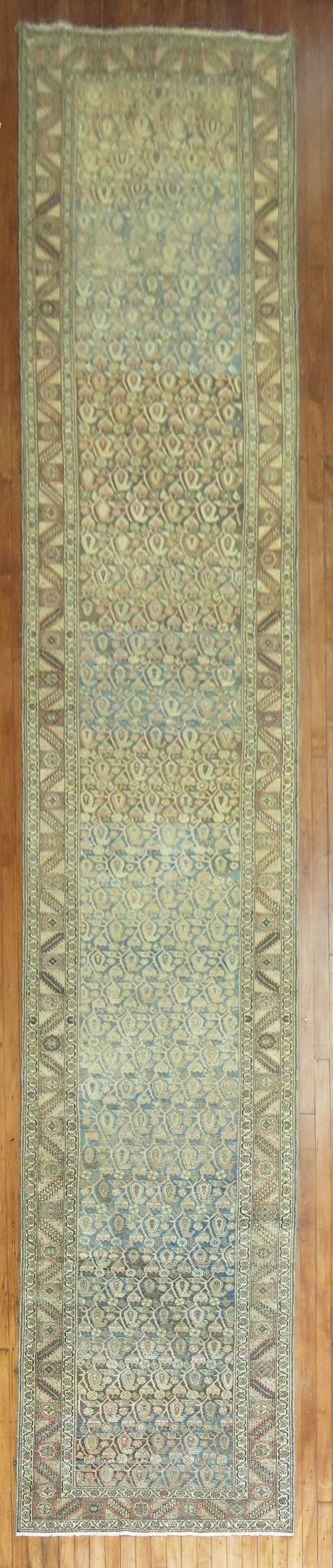 3' 4" x 20' 2" Earth Tone Malayer Rug Runner: 3' 4" x 20' 2" Earth Tone Malayer Rug Runner An early 20th century Persian Malayer runner in earth tones. This pre-owned rug features the long runner format associated with Malayer pieces. Specificati
