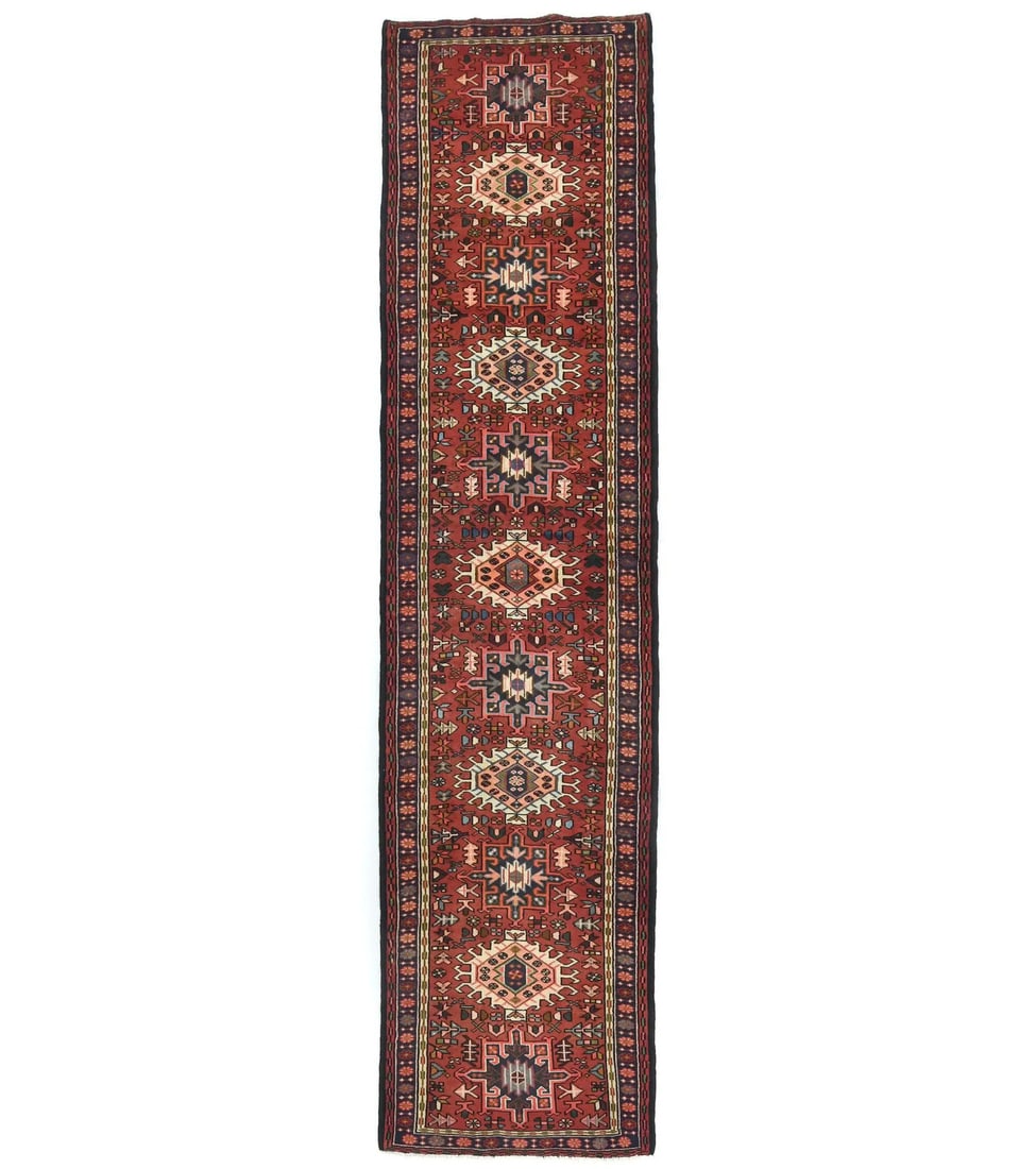 Wool Hand Knotted Tribal Runner Rug 2'9 x 11'11 Vintage Geometric: Wool Hand Knotted Tribal Runner Rug 2'9 x 11'11 Vintage Geometric This vintage hand-knotted tribal runner rug features a geometric pattern in a vibrant mix of red, purple-navy, green, brown, pink, and
