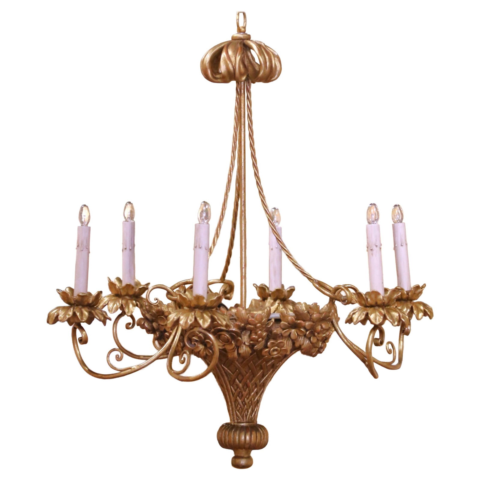 French Louis XVI Giltwood Basket Chandelier Six-Light: French Louis XVI Giltwood Basket Chandelier Six-Light This mid-century French chandelier, crafted in the Louis XVI style circa 1950, features a classic basket form adorned with intricately carved flor