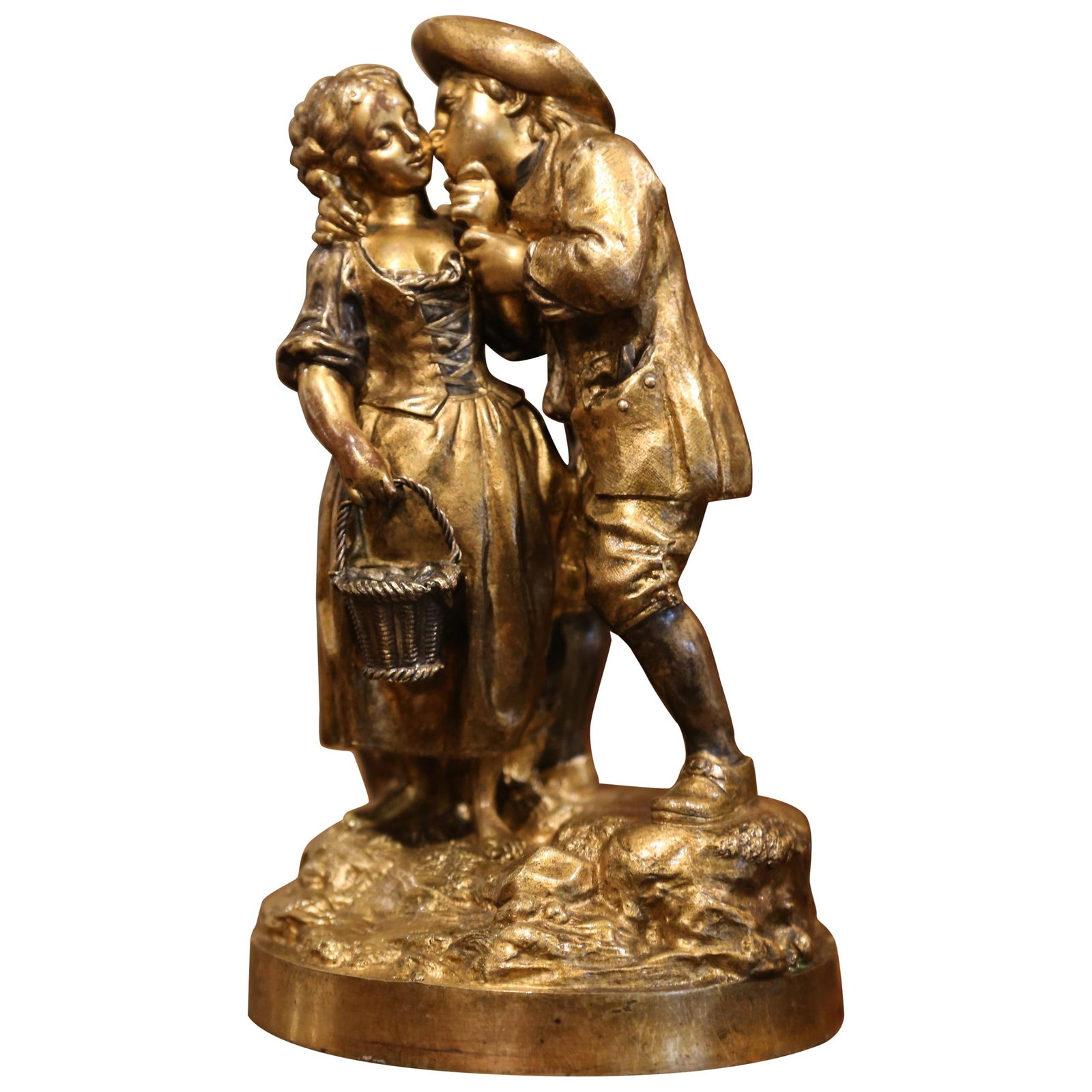 19th Century French Bronze Sculpture Le Baiser Romantic Art: 19th Century French Bronze Sculpture Le Baiser Romantic Art This exquisite 19th Century French patinated bronze sculpture titled "Le Baiser" ("The Kiss") beautifully captures a tender moment of courts
