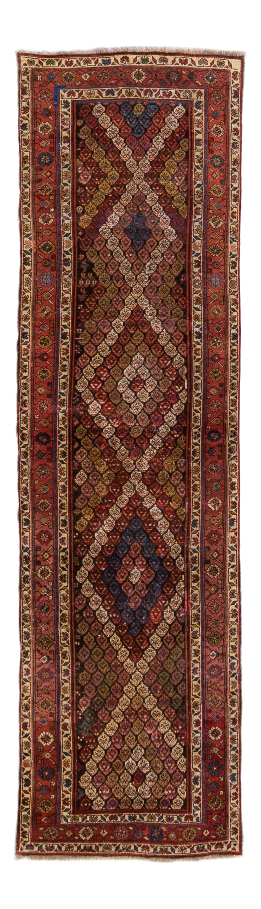 20th Century Antique Persian Kurd Wool Runner Multicolor Geometric 3'3 x 12'0: 20th Century Antique Persian Kurd Wool Runner Multicolor Geometric 3'3 x 12'0 This exquisite antique Persian Kurd rug from the 20th century features a stunning all-over multicolored geometric motif, s